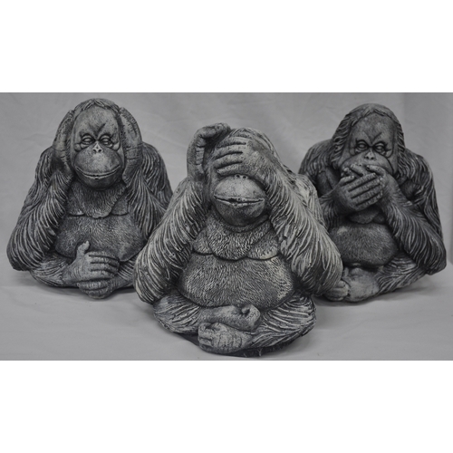 130 - 3 ORANGUTAN GARDEN ORNAMENTS - SEE, HEAR AND SPEAK NO EVIL