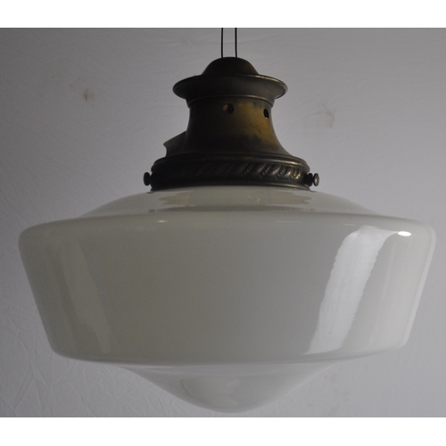 151 - 3 OPAQUE WHITE GLASS LIGHT SHADES WITH GALLERIES AND CHAINS