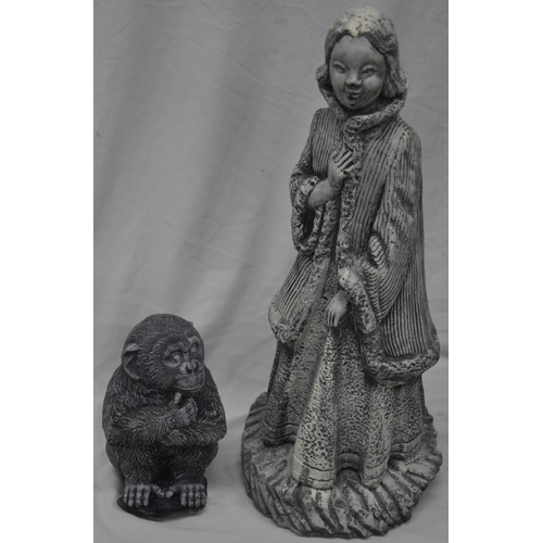 161 - 2 GARDEN ORNAMENTS - 1 LADY AND 1 MONKEY