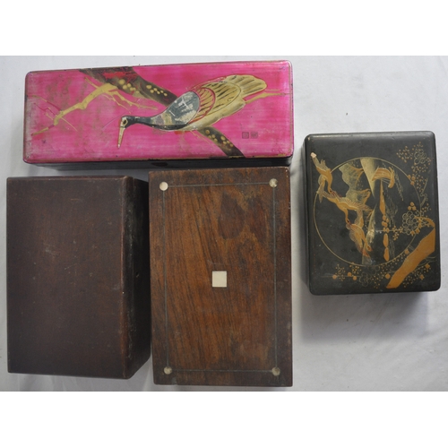 147 - 3 WOOD JEWELLERY BOXES, LAQUERED JEWELLERY BOX DECORATED WITH BIRD AND QUANTITY OF SMALL JEWELLERY B... 