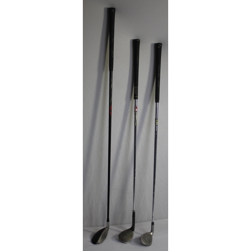 196 - 3 GOLF CLUBS - 2 CALLAWAY RAZR (NUMBER 3 AND SAND WEDGE) AND CLEVELAND CG14 WEDGE (C4)