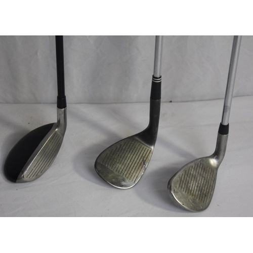 196 - 3 GOLF CLUBS - 2 CALLAWAY RAZR (NUMBER 3 AND SAND WEDGE) AND CLEVELAND CG14 WEDGE (C4)