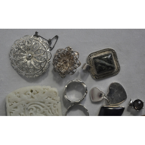 245 - QUANTITY OF SILVER AND SILVER COLOURED JEWELLERY AND CHINESE SOAPSTONE PANEL