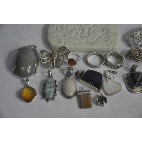 245 - QUANTITY OF SILVER AND SILVER COLOURED JEWELLERY AND CHINESE SOAPSTONE PANEL