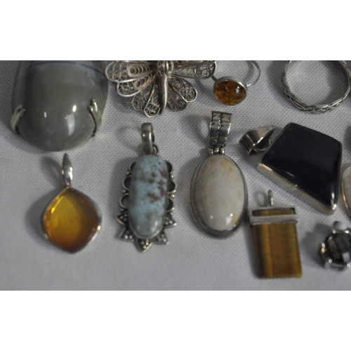 245 - QUANTITY OF SILVER AND SILVER COLOURED JEWELLERY AND CHINESE SOAPSTONE PANEL