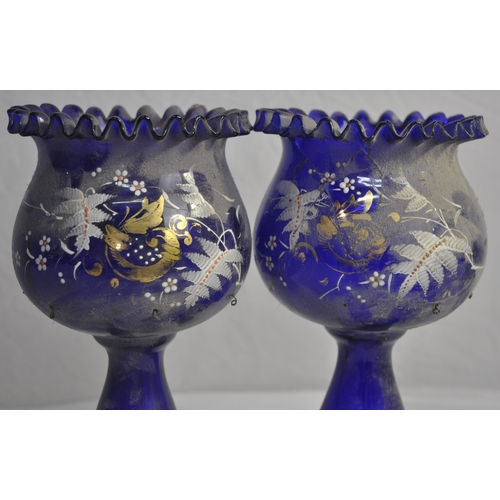 283 - PAIR OF BLUE GLASS VASES WITH DROPLETS - 1 DAMAGED/REPAIRED