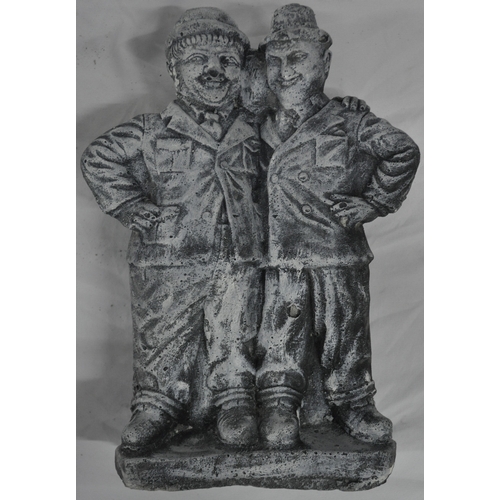 309 - 3 GARDEN ORNAMENTS - 2 BEARS EATING BAMBOO - 1 PAINTED AND 1 LAUREL AND HARDY