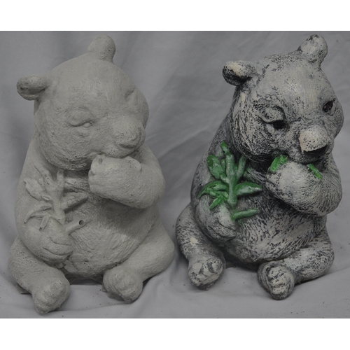 309 - 3 GARDEN ORNAMENTS - 2 BEARS EATING BAMBOO - 1 PAINTED AND 1 LAUREL AND HARDY