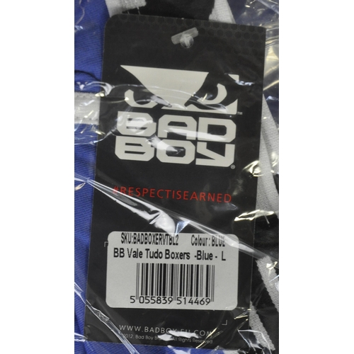 334 - 6 PAIR NEW BAD BOY VALE TUDO BOXERS (2 BLACK SIZE L, 1 RED SIZE L, 1 BLUE SIZE L & 2 BLUE SIZE X... 