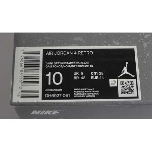 356 - PAIR AIR JORDAN 4 RETRO DARK GREY/INFRARED 23 - BLACK SNEAKERS (SIZE UK9/44) - BOXED - MARKS TO BOTT... 