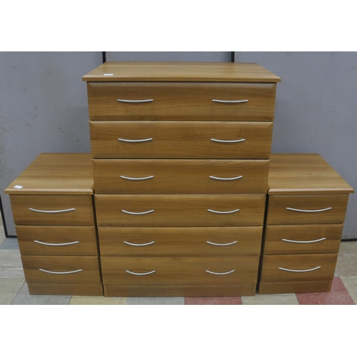 376 - 6 DRAWER CHEST AND 2 MATCHING BEDSIDE CABINETS - LAMINATE SPLIT ON 1 CABINET