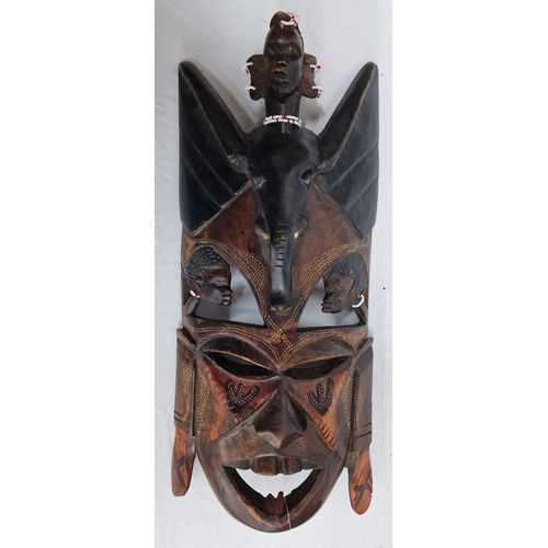 163 - HAND CARVED AFRICAN WOODEN MASK, DAGGERS SIGNED '1991 JAMBO KENYA' AND RAIN STICK