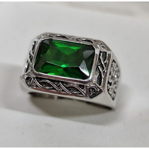 230 - SILVER COLOURED RING WITH GREEN GEM MARKED S925