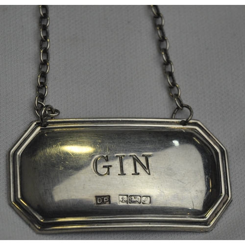 250 - 5 ENGLISH HALLMARKED STERLING SILVER DECANTER LABELS. Gin (B'ham 1985), Brandy (B'ham 1985), Sherry ... 