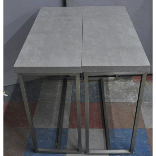 15 - PAIR GREY MARBLE EFFECT TOP, CHROME BASE HALL/SIDE TABLES