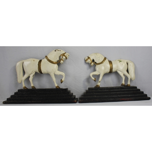 31 - PAIR OF IRON HORSES ON WOODEN BASES, PAIR OF STAFFORDSHIRE DOGS