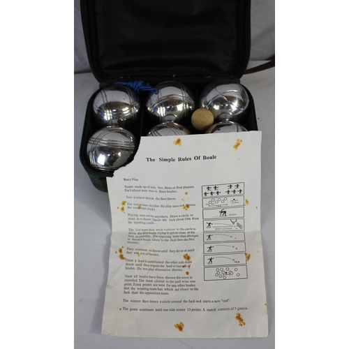 48 - PAIR OF BINOCULARS, SET OF BOULES AND SILVER PLATED BOX