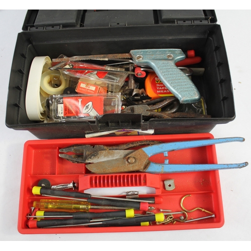 71 - SMALL TOOL BOX OF TOOLS, TRAY OF DRILL BITS AND 6 PAIRS OF RUBBER GLOVES