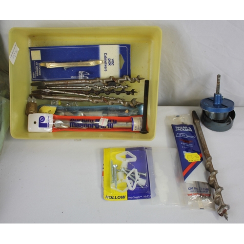 71 - SMALL TOOL BOX OF TOOLS, TRAY OF DRILL BITS AND 6 PAIRS OF RUBBER GLOVES