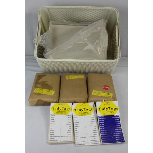 112 - CRATE OF CLEAR POLYTHENE BAGS, TIDY TAGS AND CARDBOARD SHEETS