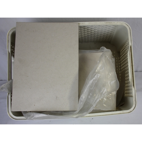 112 - CRATE OF CLEAR POLYTHENE BAGS, TIDY TAGS AND CARDBOARD SHEETS