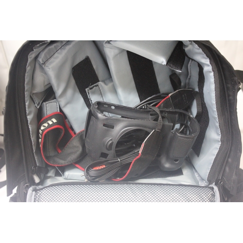 39 - RUCKSACK CONTAINING CAMERA EQUIPMENT INCLUDING FLASH, 3 OTHER RUCKSACKS AND HANGING ORGANISER