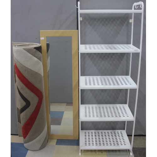 44 - WHITE STORAGE RACK, FRAMED MIRROR AND RUG