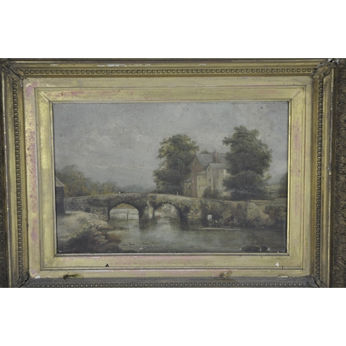 1 - GILT FRAMED OIL ON CANVAS OF BRIDGE SCENE WITH CATTLE IN RIVER BY A H VICKERS - FRAME DAMAGED 20