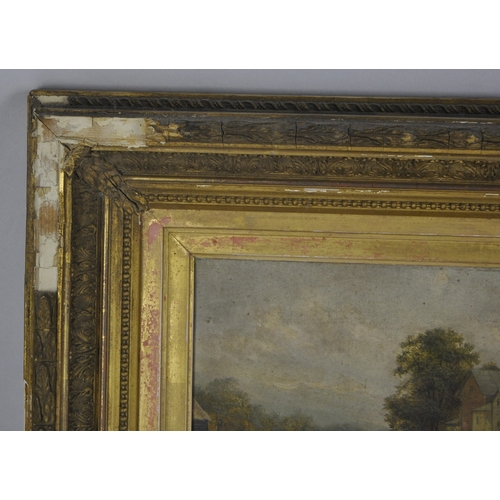 1 - GILT FRAMED OIL ON CANVAS OF BRIDGE SCENE WITH CATTLE IN RIVER BY A H VICKERS - FRAME DAMAGED 20