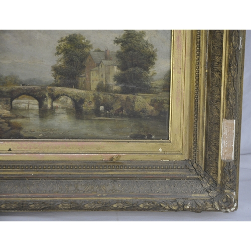 1 - GILT FRAMED OIL ON CANVAS OF BRIDGE SCENE WITH CATTLE IN RIVER BY A H VICKERS - FRAME DAMAGED 20