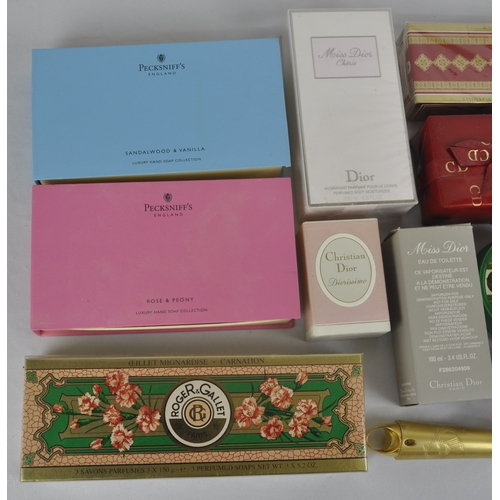 61 - VARIOUS PERFUMES AND SOAPS INCLUDING CHRISTIAN DIOR (1 BOTTLE MISSING FROM COCO CHANEL)