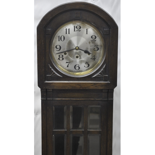 68 - OAK CASED GRANDMOTHER CLOCK WITHNPENDULUM AND KEY