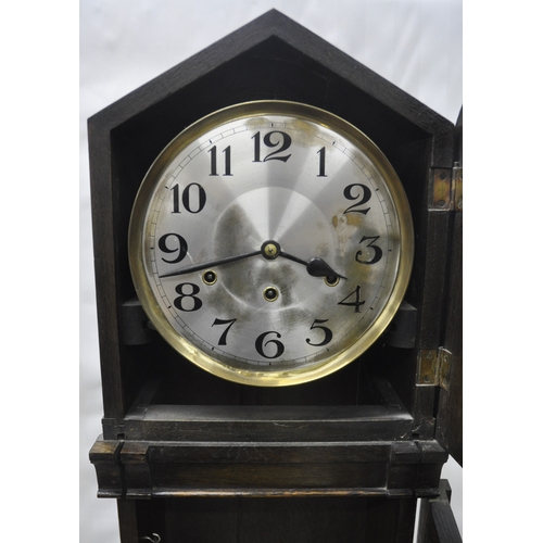 68 - OAK CASED GRANDMOTHER CLOCK WITHNPENDULUM AND KEY