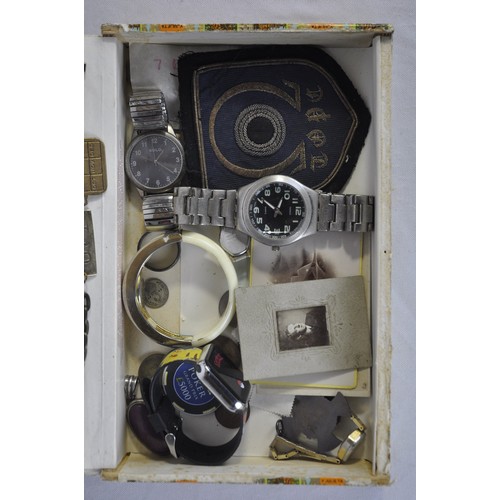 76 - CIGAR BOX OF WATCHES, COINS, ETC