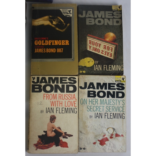 89 - 3 CORGI JAMES BOND DIE CAST VEHICLES, 4 PAPERBACK JAMES BOND BOOKS AND CORGI CADBURY'S MODEL