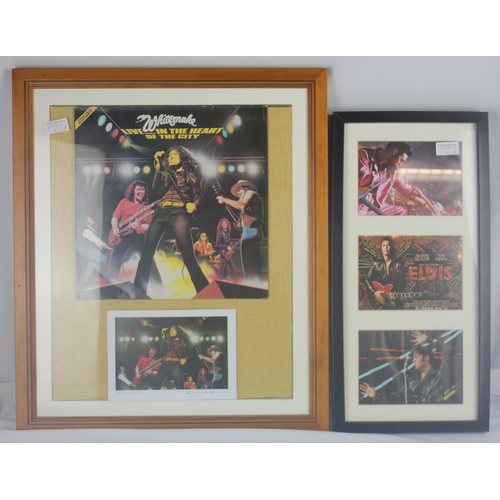 113 - FRAMED WHITESNAKE ALBUM COVER AND ART WORK AND FRAMED ELVIS PHOTOS