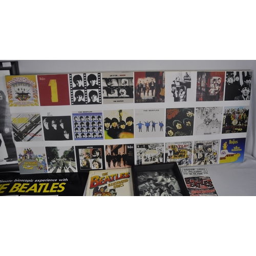 136 - BEATLES PRINT ON CANVAS, BEATLES POSTERS, PICTURES AND BOOK