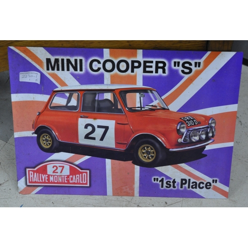 143 - MINI COOPER '5' EMAMEL WALL SIGN AND OAK SHOE SHINING STOOL