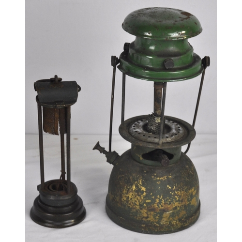 147 - OIL LAMP BASE, TILLEY LAMP AND MINER'S LAMP