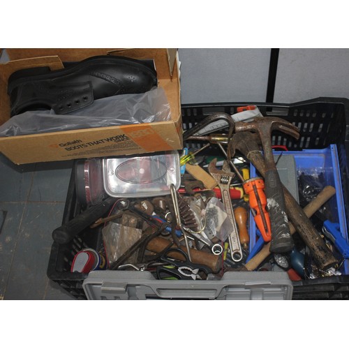 158 - 2 BOXES OF VARIOUS TOOLS AND PAIR OF GOLIATH SAFETY SHOES