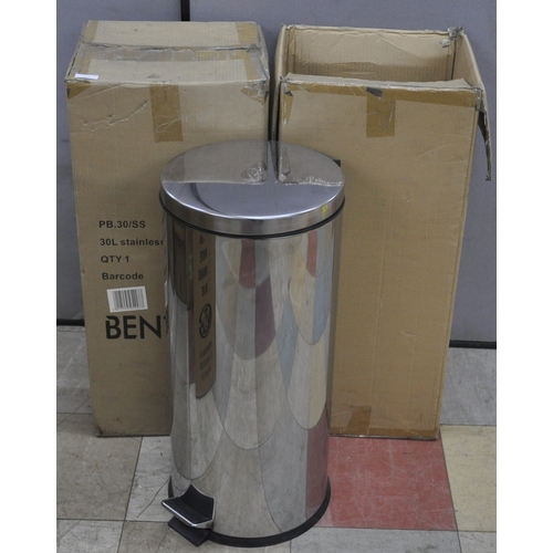 169 - 2 NEW BENTLEY 30L STAINLESS STEEL PEDAL BINS AND 15 PLASTIC WASTE BASKETS