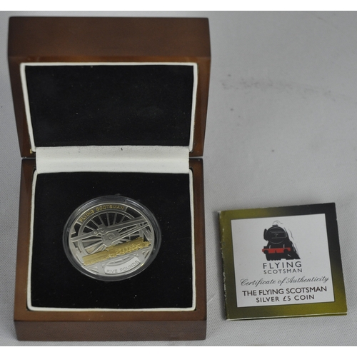 214 - FLYING SCOTSMAN SILVER £5 COIN IN PRESENTATION BOX WITH CERTIFICATE AND CLASSIC LOCOMOTIVE STA... 