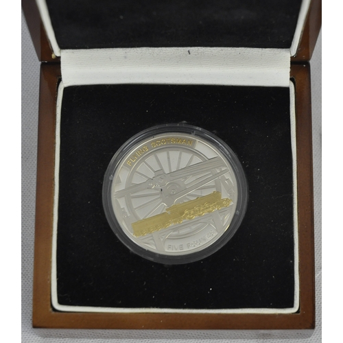 214 - FLYING SCOTSMAN SILVER £5 COIN IN PRESENTATION BOX WITH CERTIFICATE AND CLASSIC LOCOMOTIVE STA... 