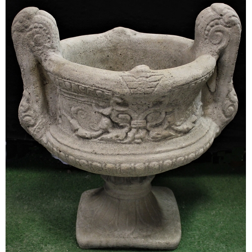 14 - LARGE DECORATIVE 2 HANDLED STONEWORK URN (IN 2 PIECES) (H52, W48cm)