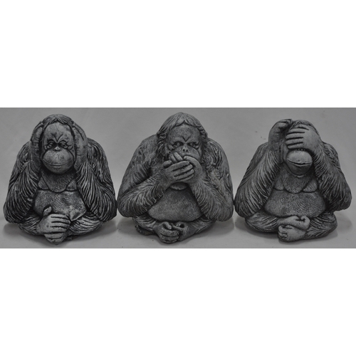 23 - 3 CONCRETE ORANGUTAN GARDEN ORNAMENTS - SEE, HEAR, SPEAK NO EVIL