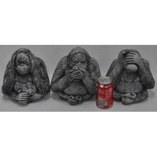 23 - 3 CONCRETE ORANGUTAN GARDEN ORNAMENTS - SEE, HEAR, SPEAK NO EVIL