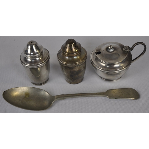 69 - 3 PIECE SILVER CONDIMENT SET AND VARIOUS METALWEAR