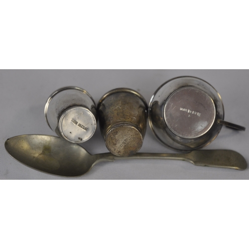 69 - 3 PIECE SILVER CONDIMENT SET AND VARIOUS METALWEAR