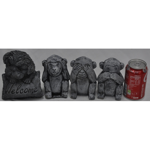 116 - 4 CONCRETE GARDEN ORNAMENTS - 3 MONKEYS (SEE, HEAR, SPEAK NO EVIL) AND WELCOME SIGN