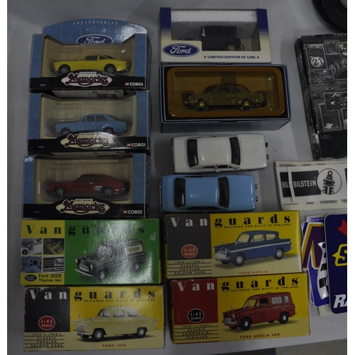 120 - TRAY OF DIE CAST MODEL CARS INCLUDING CORGI, FORD, VANGUARDS AND STICKERS